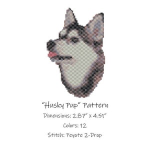 May include: A beading pattern for a husky pup, with instructions for a peyote stitch. The pattern is 2.87 inches by 4.51 inches and uses 12 colours.
