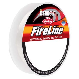 May include: A spool of FireLine microfused braided bead thread. The label features the text "FireLine" in white over a red and orange background. The brand name "the BEADSMITH" is at the top. The spool is white and the thread is clear.