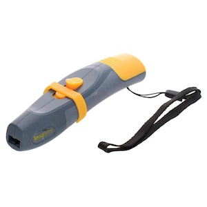 May include: A gray and yellow handheld Beadsmith tool featuring a sliding orange button mechanism on the top, a textured yellow grip area at the back, and a black nylon wrist strap attached to the side of the plastic body.