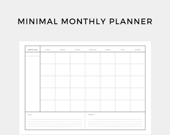 May include: A minimalist monthly planner with a grid layout for scheduling. The planner features a section for monthly plans, a grid for daily entries, and space for notes and a summary. The text "MINIMAL MONTHLY PLANNER" is at the top.