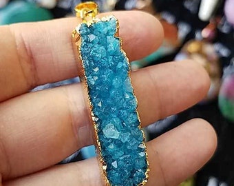 Blue Quartz Druzy Crystal Gold Electroformed Necklace Pendant