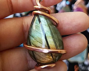 Labradorite Crystal Gemstone Copper Wire Wrapped Pendant Necklace