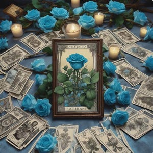 May include: A vintage style framed illustration of a blue rose with green leaves and the words "My Tattoo" and "14111411" on a blue background. The frame is surrounded by blue roses and tarot cards on a blue surface.