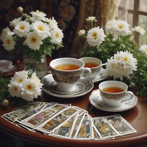 May include: A still life featuring white flowers, teacups with tea, saucers, and tarot cards on a wooden table. The teacups have a gold and black design. The flowers are white with yellow centers. The tarot cards are fanned out on the table.