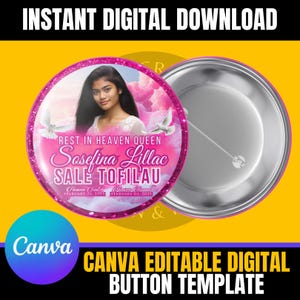 Editable Pink Glitters Memorial Button Template | Canva RIP Keepsake | 3.5in Diameter Digital Funeral Button Design | Jayeb Creatives