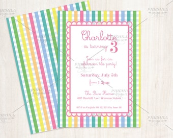 Rainbow Plaid Girl Birthday Invitation Pink Girl Custom Printable