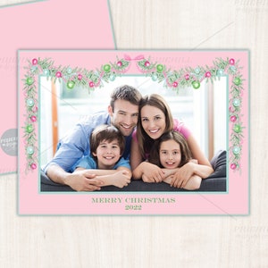 Ornament Garland Bow Grandmillennial Pink Christmas Photo Card