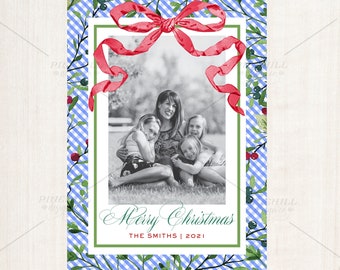 Tarjeta fotográfica de Navidad botánica Blue and White Bow