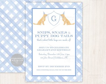Snips and Snails and Puppy Dog Tails Birthday Party Invitation Blue Crest Yellow Labs - Etsy
