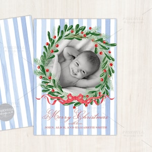 Blue Stripe Wreath Christmas Photo Card
