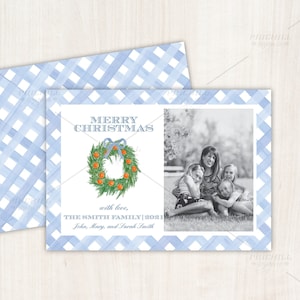 Blue and White Gingham Nutcracker Monogram Christmas Photo Card