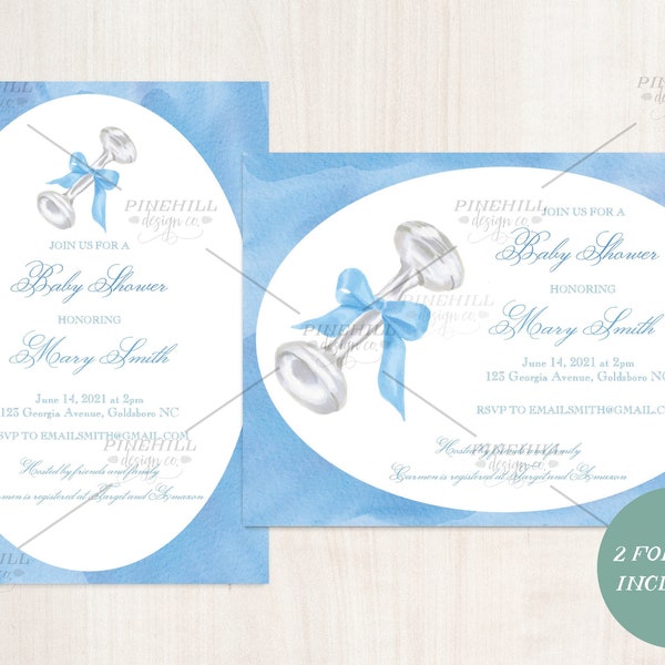 Silver Rattle Bow Baby Shower Invitation Blue Boy Watercolor Gingham Custom Printable