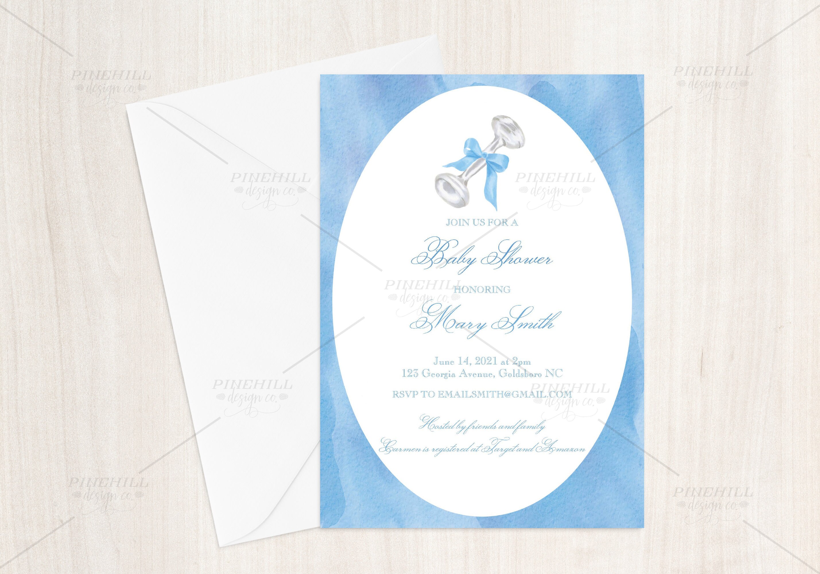Silver Rattle Invitation Silver Rattle Bow Baby Shower Invitation Blue Boy Watercolor Gingham ...