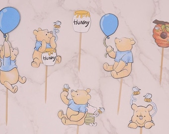 Classic Watercolor Winnie the Pooh Cupcake Toppers Matte finish - 6 Designs (2 Each) + 1 Bonus, Blue, Pink, Natural, Birthday, Baby Shower