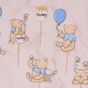 Adornos para cupcakes con acuarela clásica de Winnie the Pooh, acabado mate, 6 diseños (2 de cada uno) + 1 extra, azul, rosa, natural, cumpleaños, baby shower
