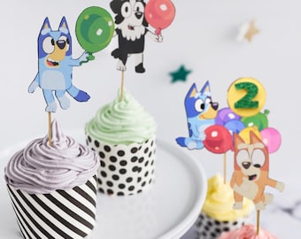 Handmade Customizable Bluey and Friends Birthday Cupcake and Cake Toppers – Double-Sided, Matte Finish, 12 Designs