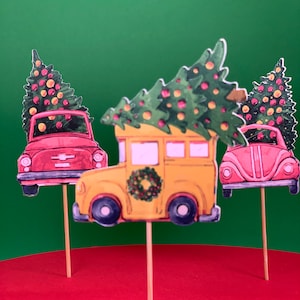 Christmas Car Matte Cupcake Toppers: Dozen Double-Sided Designs with Red, Yellow, and Wreath-Adorned Cars and Christmas Trees