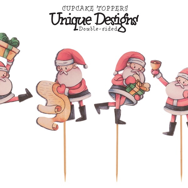 Christmas Santa's 12 Handmade Double-Sided Matte Cupcake Toppers for Magical Holiday Baking!