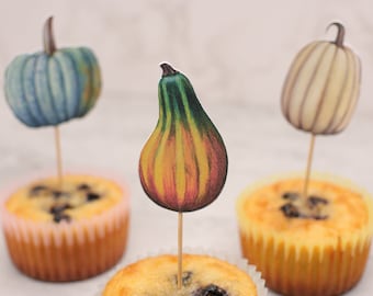 Thanksgiving Pumpkins Matte Cupcake Toppers - Set of 12 Handmade Double-Sided Designs in Fall Colors