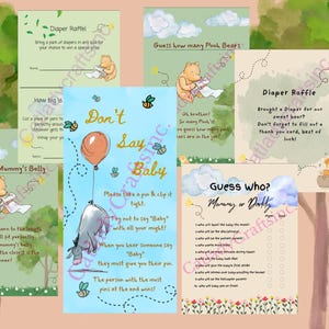 Baby Shower Digital Games, Pooh, Diaper Raffle, Guess how big, Don&#39;t Say Baby, Guess how many, Winnie the Pooh
