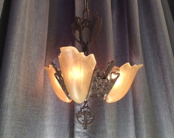 Three Light Slip Shade Chandelier - Cast Iron with Copper Highlights - Circa 1934