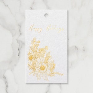 Happy Holidays Gift Tags- Set of 3 or 5. Flowers, Botany, Watercolour, Gift Cards, Handmade, Gold Foil