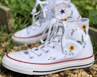 Hand Embroidered sunflower, forget me nots, daisy's, white Converse high tops