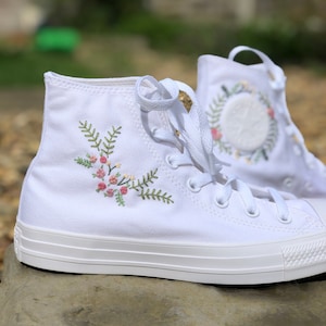 Hand Embroidered pink florals monotone Converse high tops