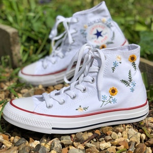 Hand Embroidered sunflower, forget me nots, daisy's, white Converse high tops image 1