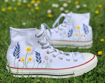 Hand embroidered British summer flowers - Chuck Taylor Converse high tops