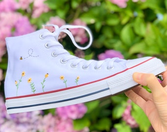 Custom hand embroidered Converse, bees and sunflowers