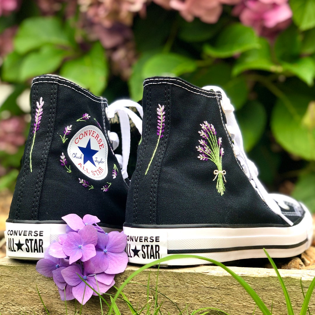 Lavender Floral Embroidered Converse High Tops - Etsy
