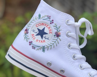 Hand embroidered dusky pink/purple floral bouquet Converse high tops