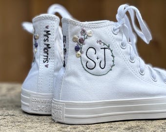 Hand embroidered bridal initials Converse high tops