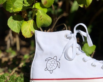 Hand embroidered white Chuck Taylor Converse high tops - cute turtle sea animal