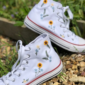 Hand Embroidered sunflower, forget me nots, daisy's, white Converse high tops image 2