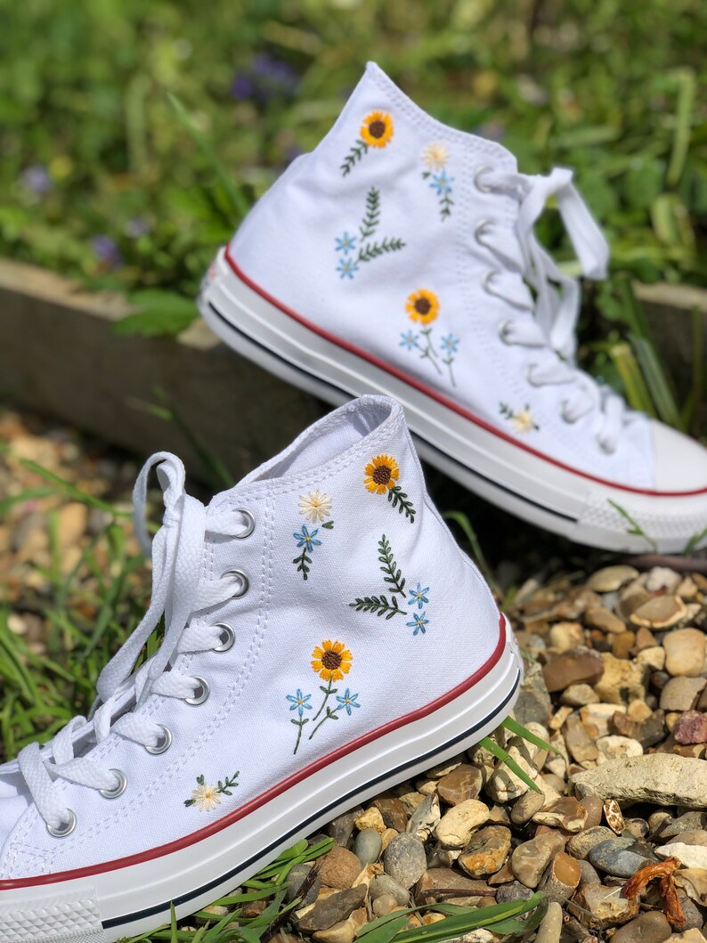 Hand Embroidered sunflower, forget me nots, daisy's, white Converse high tops image 2