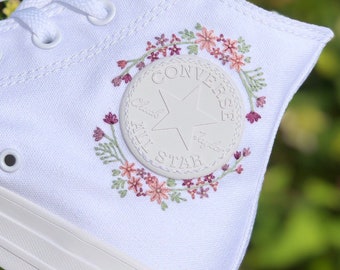 Dainty Floral Hand Embroidered white monotone Converse high tops