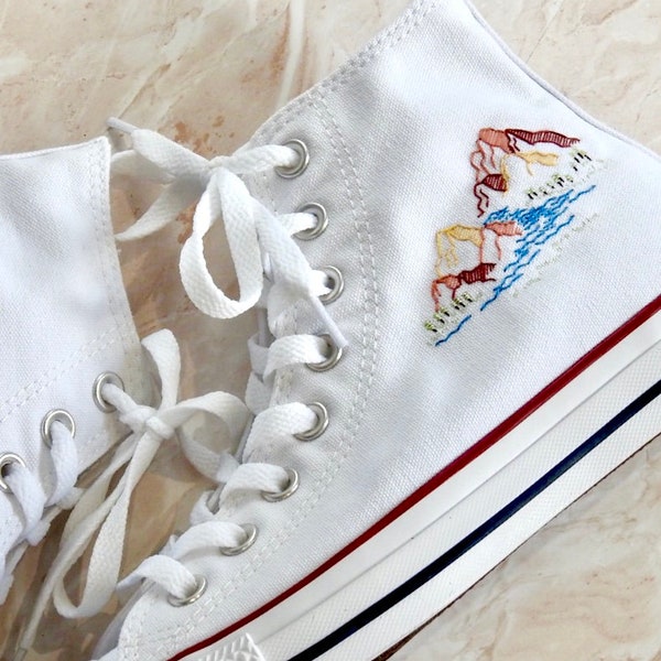 Embroidered boho mountain and loch Converse high tops