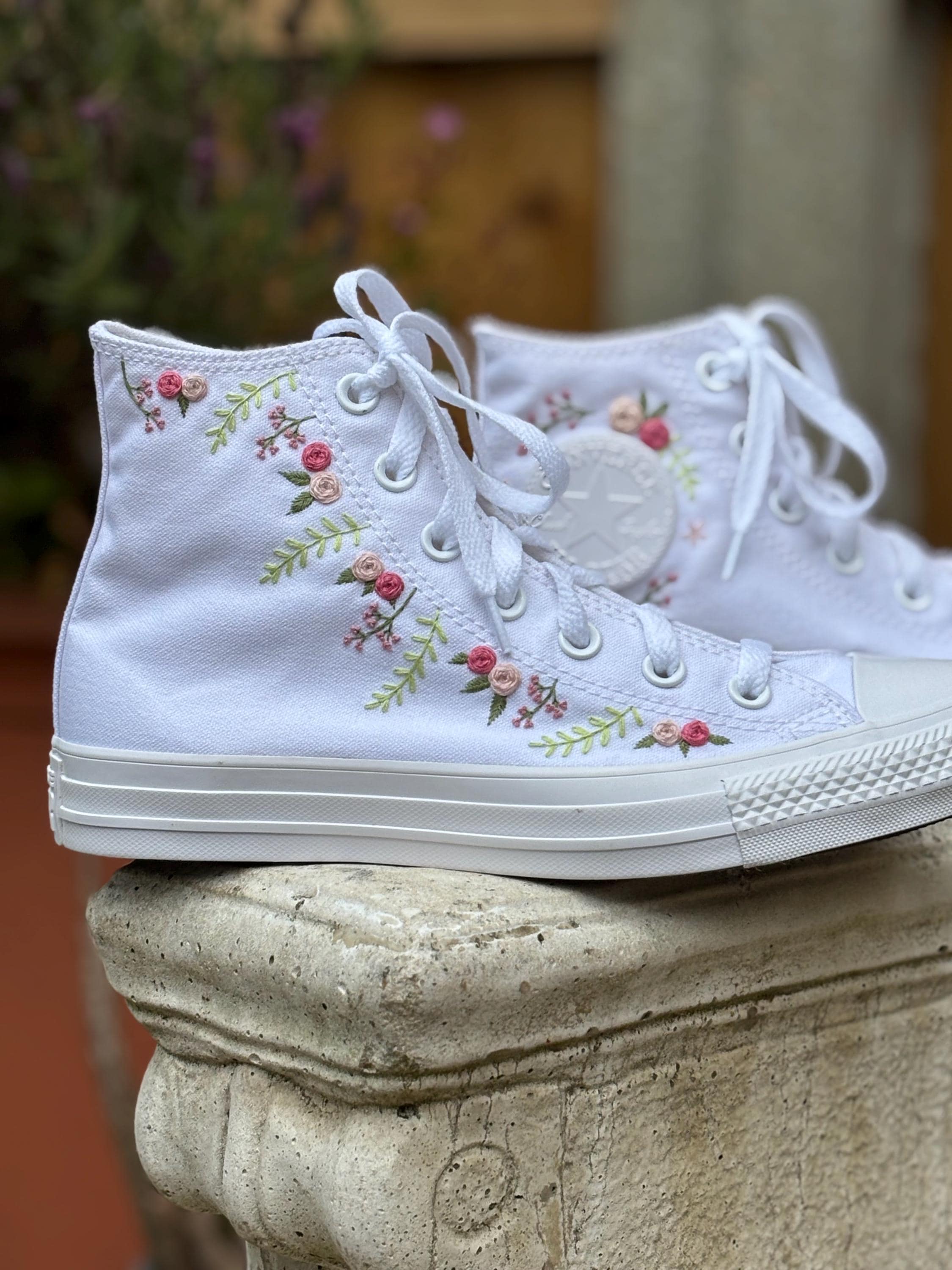 Hand Embroidered Pink Blooms - All White Monotone Converse High