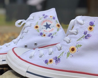 Hand embroidered lavender and sunflower - Converse high tops