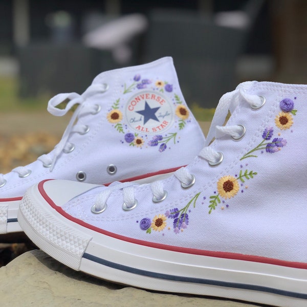 Hand embroidered lavender and sunflower - Converse high tops