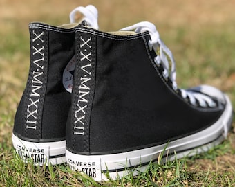 Custom Roman numerals date - hand embroidered black high top Converse