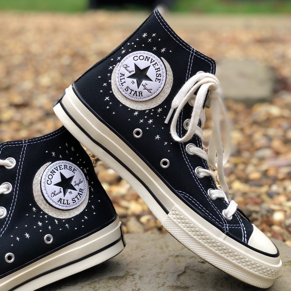 Hand embroidered Converse black high tops - moon and stars