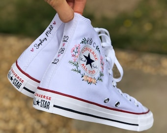 Hand embroidered pink floral bouquet bridal initials Converse high tops