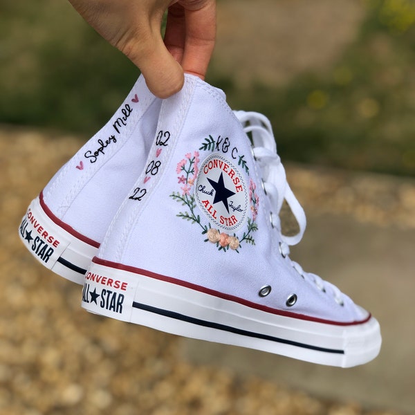 Hand embroidered pink floral bouquet bridal initials Converse high tops
