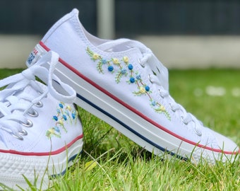 Hand Embroidered Converse - Blue & Yellow Rose Buds -