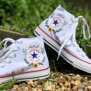 Hand Embroidered sunflower, forget me nots, daisy's, white Converse high tops image 4