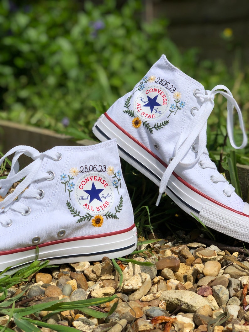 Hand Embroidered sunflower, forget me nots, daisy's, white Converse high tops image 4