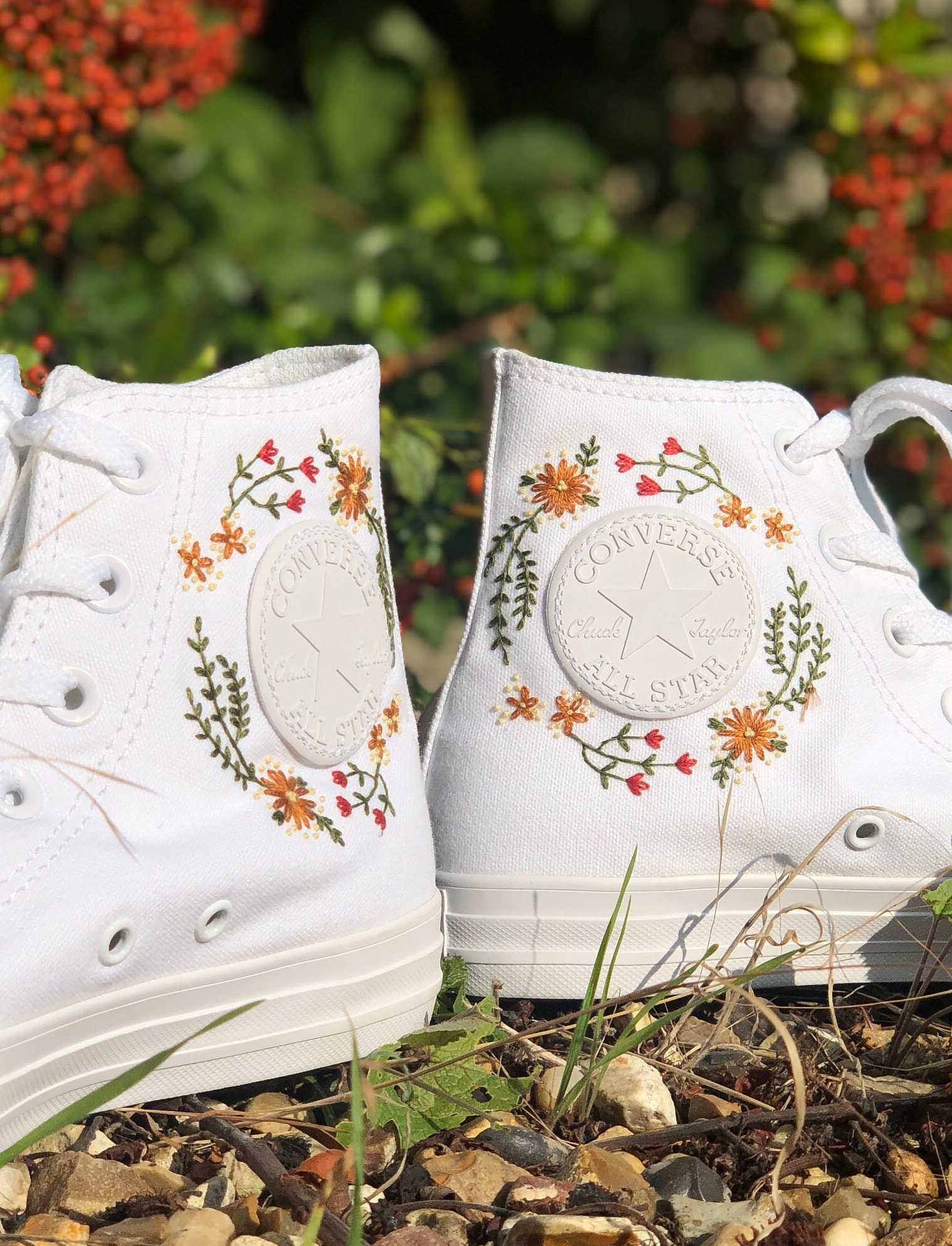 Autumnal Floral Hand Embroidered Converse White Monotone Converse - Etsy